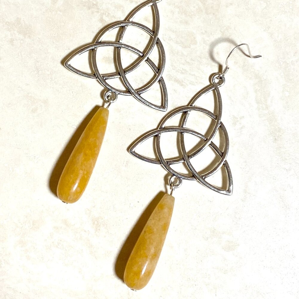 2/$20, Genuine Yellow Aventurine Celtic Trinity Sterling Silver Dangle Earrings